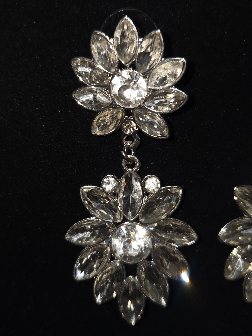 Crystal Rhinestone Floral Drop Earrings Silver Tone Pierced 2.5" Statement - Picture 6 of 7